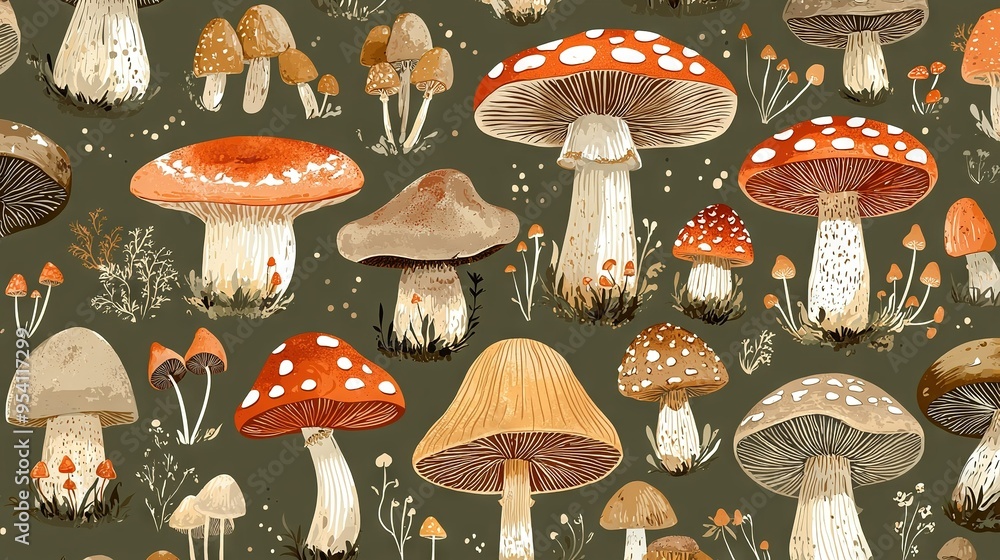 Poster a cluster of mushrooms growing on a green background with white dots above and below them