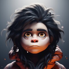 A digitally rendered character with large, expressive eyes, wild dark hair, and a somber expression, wearing an orange hoodie