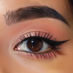 Obraz premium Close-Up of a Woman's Brown Eye with Flawless Makeup, Perfectly Shaped Eyebrow, and Winged Eyeliner