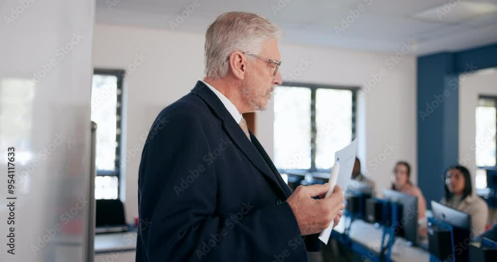 Aufkleber Knowledge, university professor and students in classroom for lecture and learning in science, physics or math. Whiteboard, mature man and college teacher in presentation with discussion or education
