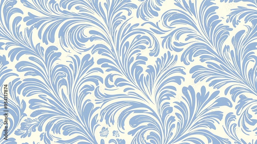 Sticker  A blue-white wallpaper features swirls and leaves alongside a white wall