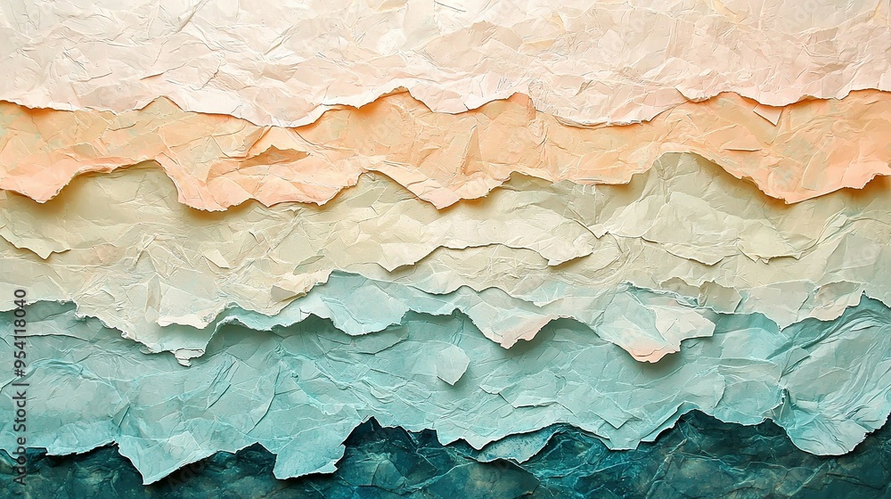 Poster a close-up of a vibrant artwork, featuring an array of paper hues layered over it