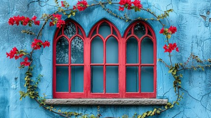 Red Window with Bougainvillea on a Blue Wall