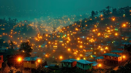 Nighttime View of a Hillside Village with Lights