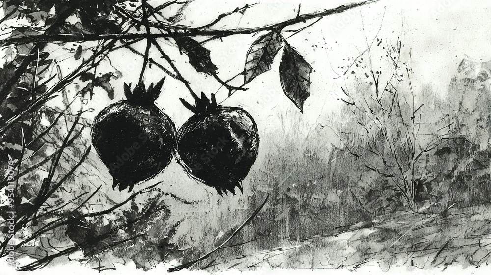 Poster a monochromatic sketch of two pomegranates dangling from a tree limb, adorned with foliage