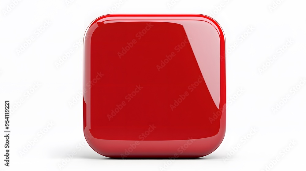 Poster blank mobile application icon, button - red square with round corners. 3d rendering, white backgroun