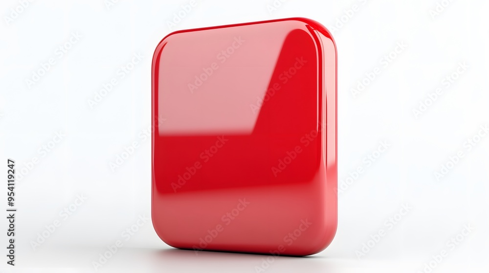 Poster blank mobile application icon, button - red square with round corners. 3d rendering, white backgroun