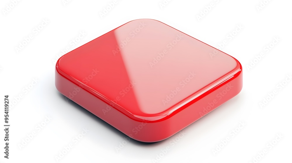 Poster blank mobile application icon, button - red square with round corners. 3d rendering, white backgroun