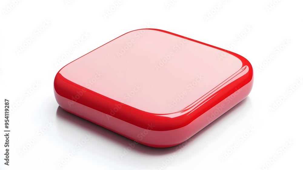 Poster blank mobile application icon, button - red square with round corners. 3d rendering, white backgroun