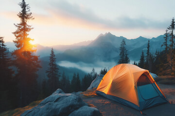 Sunlit tent in a serene mountain landscape during early morning nature camping adventure