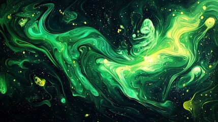   Green-yellow swirls on black backdrop with yellow-green dots at base