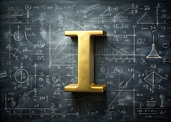 Golden mathematical symbol "i" on a chalkboard, surrounded by complex equations and formulas, representing imaginary units in theoretical physics and mathematics.