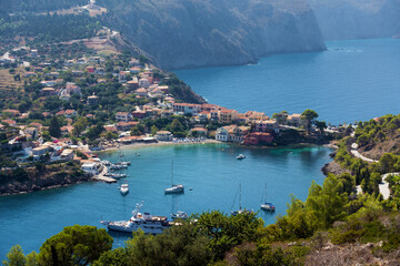 View down to the beautiful bay of Assos village, Kefalonia island, Greece, from the surrounding...