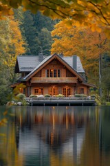 Obraz premium Wooden house in autumn forest on the shore of the lake.