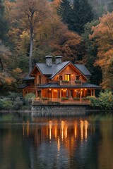 Fototapeta premium Wooden house in autumn forest on the shore of the lake.