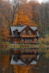 Wooden house in autumn forest on the shore of the lake.