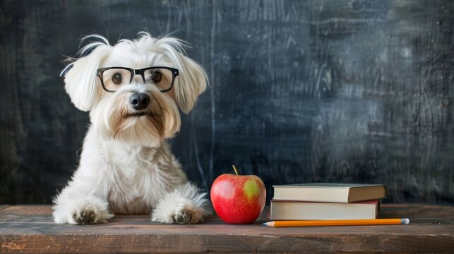 A cute dog wearing glasses sits at a desk. The adorable pet looks studious beside an apple and books. This image captures a playful and whimsical study theme. AI.