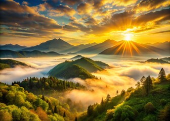 Obraz premium Golden sun bursts above majestic mountains, casting warm rays on lush green valleys, as misty fog slowly lifts,