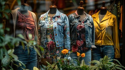 Naklejka premium Fashionable Denim Jackets and Blouses Displayed in Storefront Window