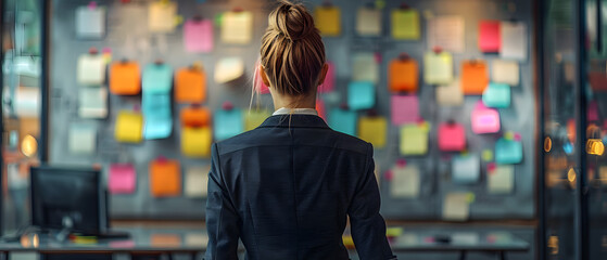 Back View of Businesswoman in Suit Standing in Front of Board with Notes, Professional Planning and Strategy Meeting
