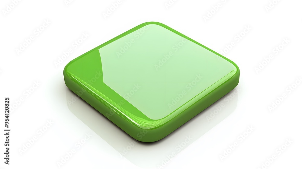 Poster blank mobile application icon, button - green square with round corners. 3d rendering, white backgro