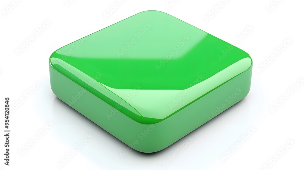 Poster blank mobile application icon, button - green square with round corners. 3d rendering, white backgro