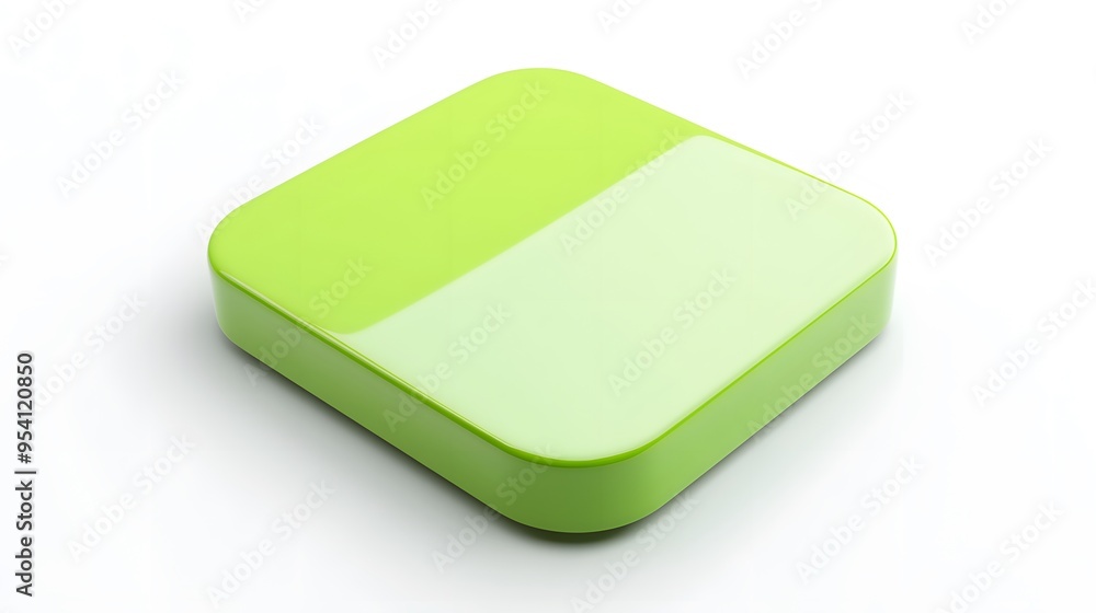 Poster blank mobile application icon, button - green square with round corners. 3d rendering, white backgro