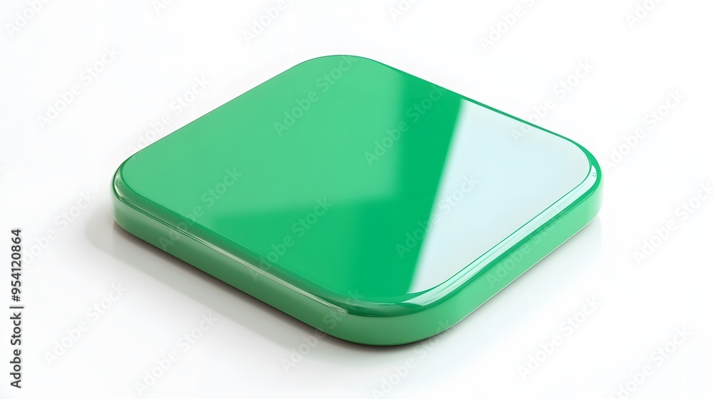 Poster blank mobile application icon, button - green square with round corners. 3d rendering, white backgro