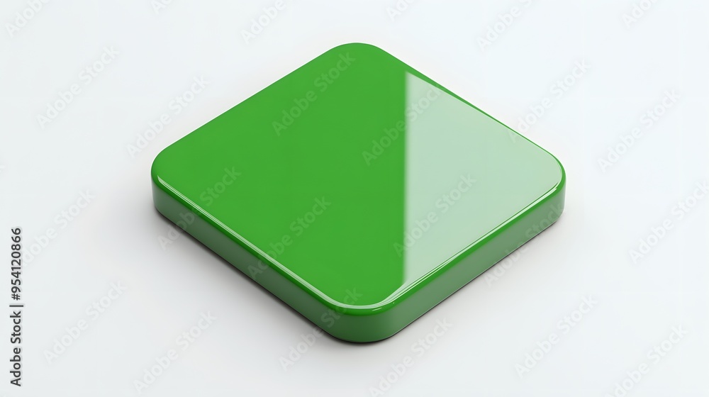 Poster blank mobile application icon, button - green square with round corners. 3d rendering, white backgro