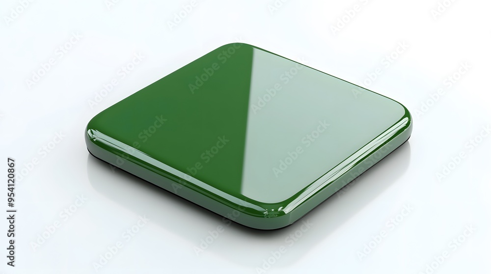 Poster blank mobile application icon, button - green square with round corners. 3d rendering, white backgro