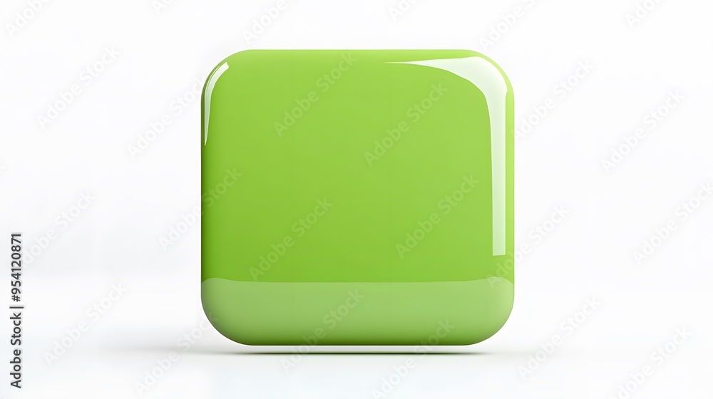 Poster blank mobile application icon, button - green square with round corners. 3d rendering, white backgro