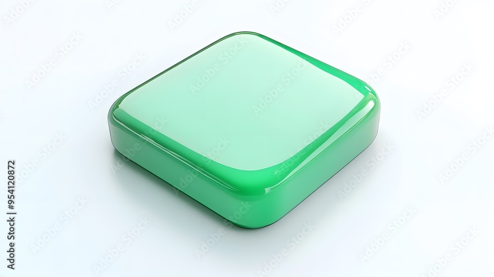 Poster blank mobile application icon, button - green square with round corners. 3d rendering, white backgro