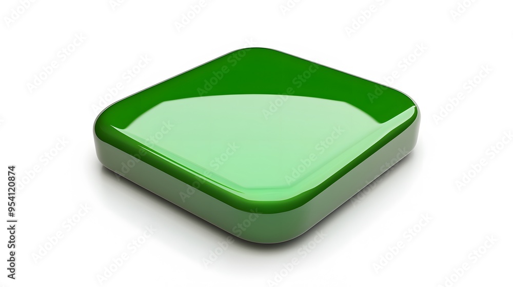 Poster blank mobile application icon, button - green square with round corners. 3d rendering, white backgro