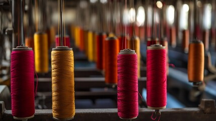 Spools of Red and Yellow Thread Hanging in a Workshop