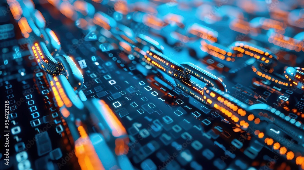 Poster close-up of a chain made of binary code on a dark, digital background.