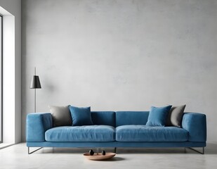 Modern living room with blue sofa, floor lamp, and potted plant in minimalistic design natural light