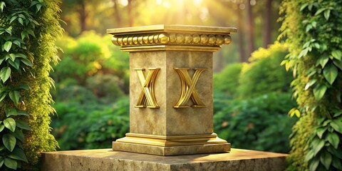 Gold XIX Roman numeral sculpture stands majestically on a weathered stone pedestal, surrounded by lush greenery,