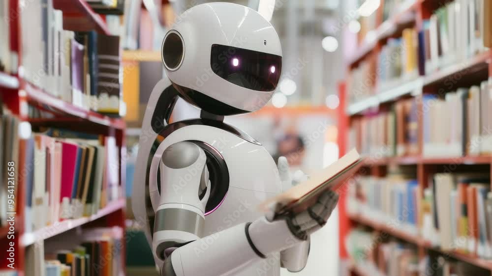 Poster Humanoid robot reading a book in a library surrounded by shelves of colorful books. Integration of AI in education and knowledge sharing.