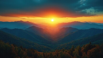 Fototapeta premium The sun sets over the mountains, casting shadows of numerous trees in the foreground