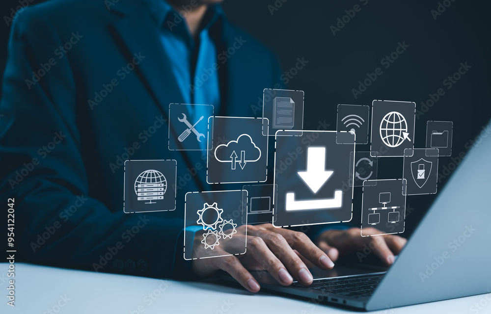 Poster digital download and data storage technology. businessman using laptop with digital icons represent 