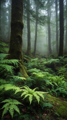 Fototapeta premium a dense, mystical forest enveloped in morning mist. Tall trees with thick trunks