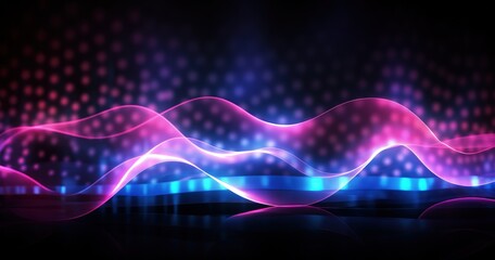 A vibrant abstract design featuring flowing waves of light in purple and blue tones.