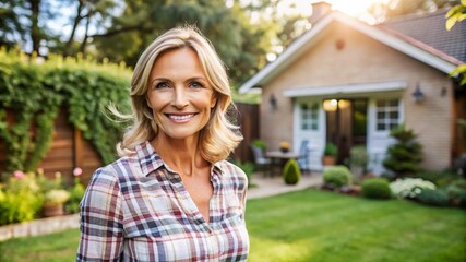 Smiling mature attractive housewife posing at her home backyard looking at the camera.