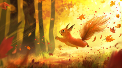 Obraz premium Squirrel leaping through colorful autumn leaves, playful animal in vibrant fall forest 