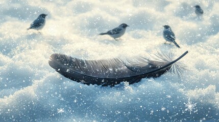 Fototapeta premium A feather atop a snowy mound near a bird perched upon another snowy mound