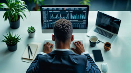 ai generated image of business in the digital age, office work with the help of computers, networks, AI, IOT