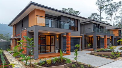 Fototapeta premium Modern townhouse complex with brick accents and lush landscaping