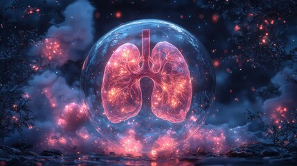 Obraz premium Holographic lungs in a glass sphere on a blue background. The medical concept of health protection