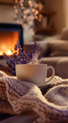 Fototapeta premium Cup of lavender tea with a bouquet of lavender and a cozy background 
