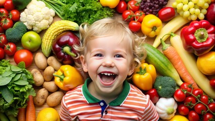 Fototapeta na wymiar Happy, energetic child with bright smile and rosy cheeks, surrounded by fresh fruits and vegetables, exemplifying a